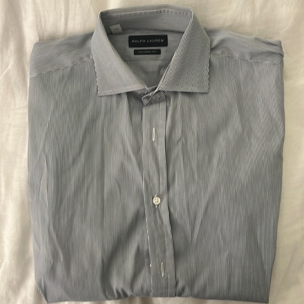Dark gray and white stripe polo Ralph Lauren black label dress shirt size 16